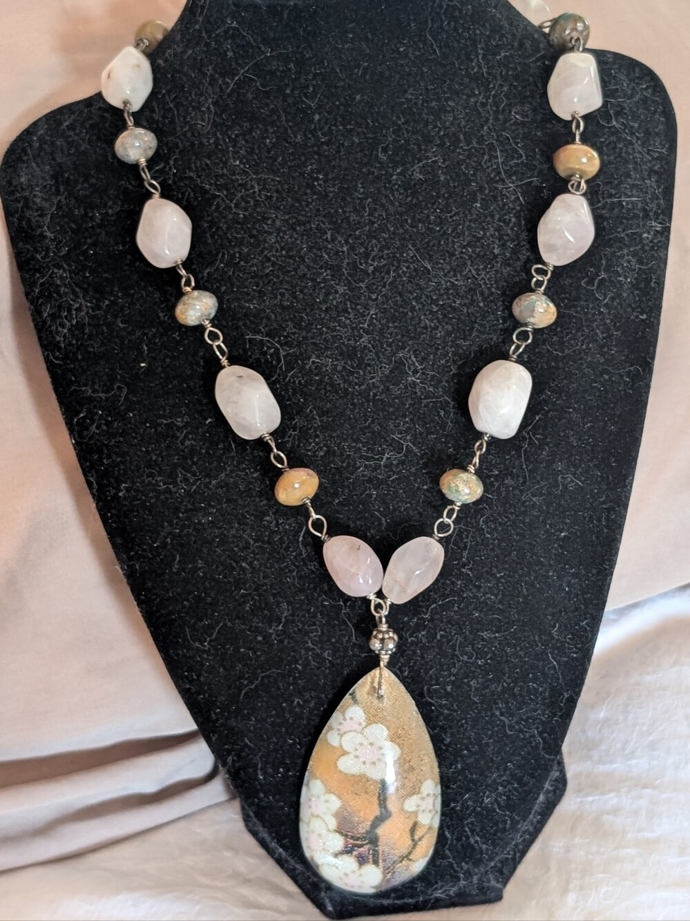 Handcrafted Artisan Made Rose Quartz & Unakite Ceramic Teardrop Pendant Necklace